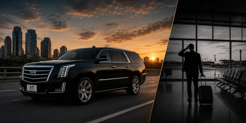 Black Cadillac Escalade driving through a city at sunset beside a split-screen airport terminal scene with a business traveler and luggage, highlighting luxury executive ground transportation.